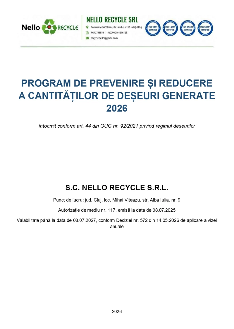 Program de prevenire si reducere a cantitatilor de deseuri generate 2026